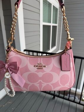 Coach Pink Signature Mini Shoulder Bag with Bow & Pearl Charm